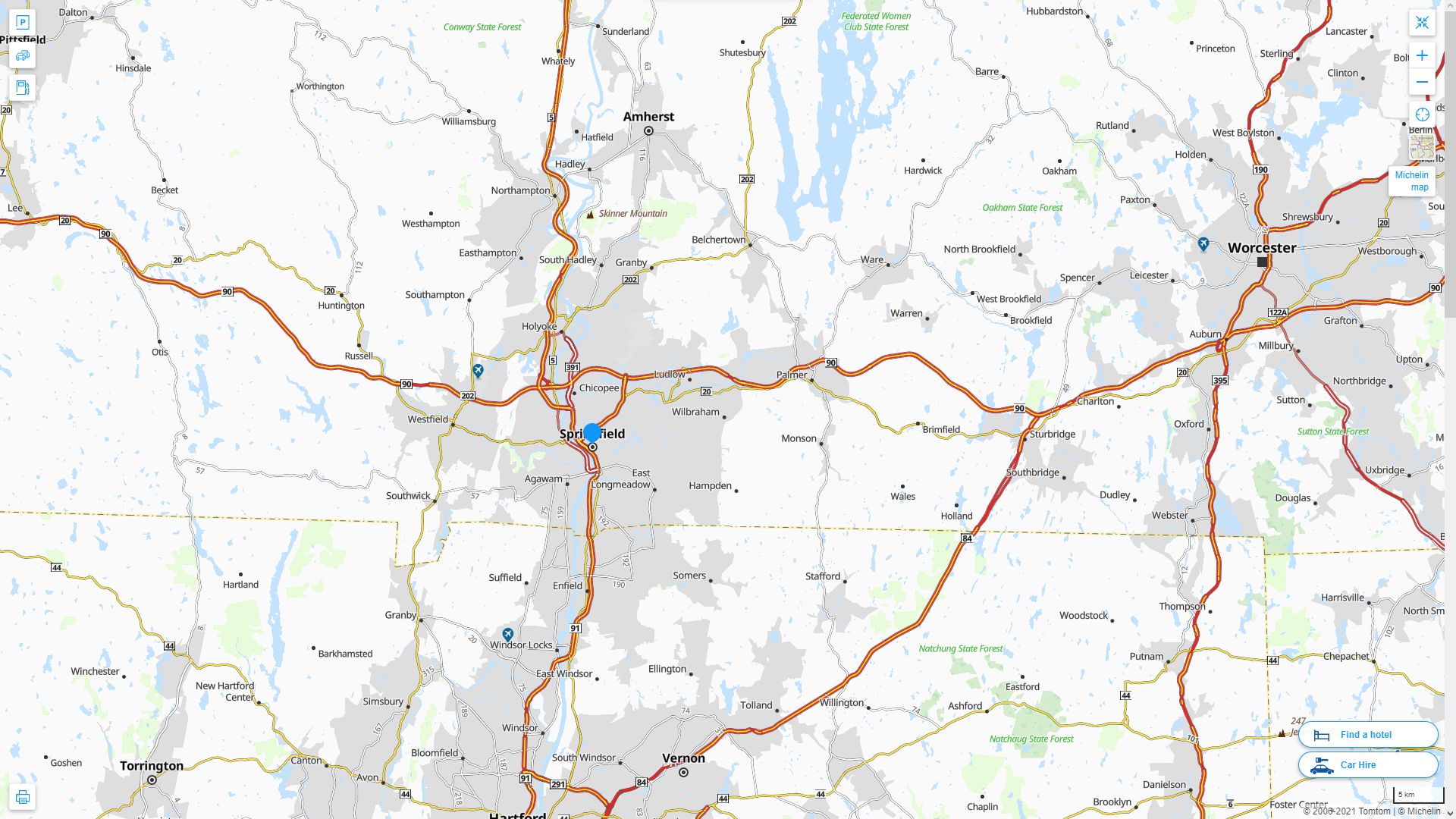 Springfield Massachusetts Highway and Road Map
